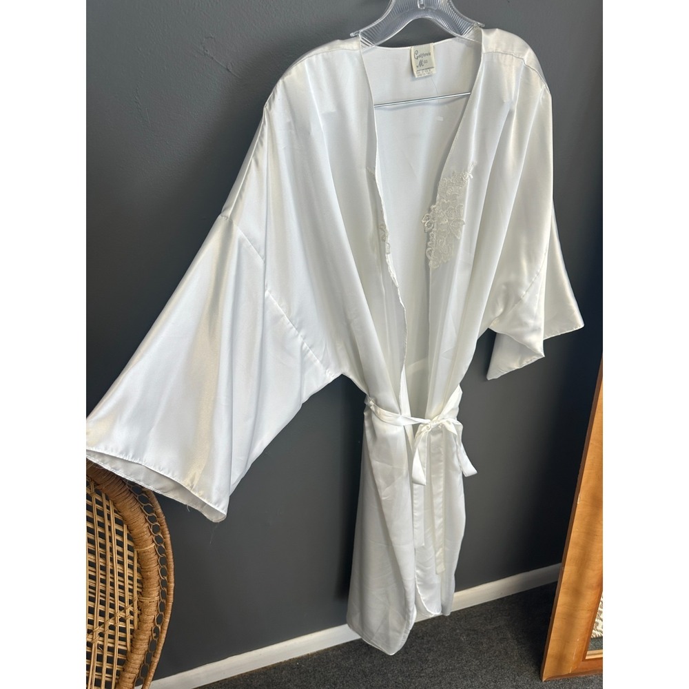 Vtg California Miss Womens Robe Size 2X‎ Satin White Embroidered Boudoir Bridal